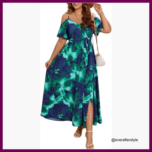 Dresses & Skirts - Cold Shoulder Maxi Dress with Split Thigh and Belted Waist